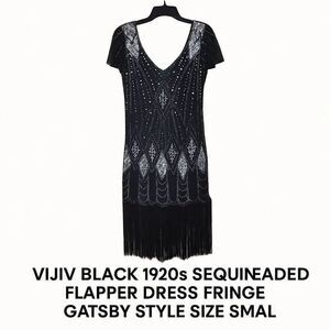 Vijiv Black 1920s Sequin Beaded Flapper Dress Fringe Gatsby Style Size Small